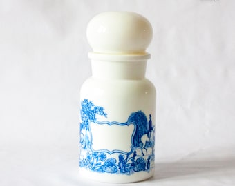 Milk Glass Apothecary Jar Vintage Retro 1960/70s White Storage Canister with Blue Decoration