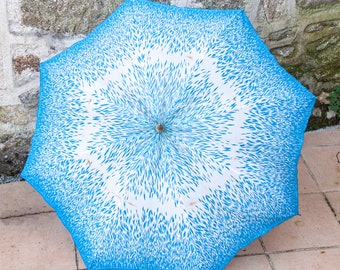 Vintage 1960s Umbrella French Sky Blue & White Patterned Brolly