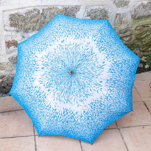 Vintage 1960s Umbrella French Sky Blue & White Patterned Brolly