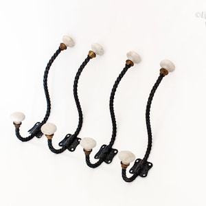 Cable Twist Iron Coat Hooks with Porcelain Knobs FRENCH Original Antique Set of 4