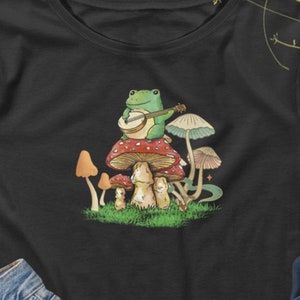 Frog Playing Instrument On Mushroom Crop Top, Cottagecore Aesthetic, Nature Lover, Mushroom Crop Top, Botanical Crop Top