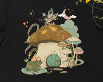 Mushroom House with Frog Moon and Stars Shirt, Frog Shirt, Goblincore, Nature Shirt, Cottagecore Aesthetic, Botanical Shirt