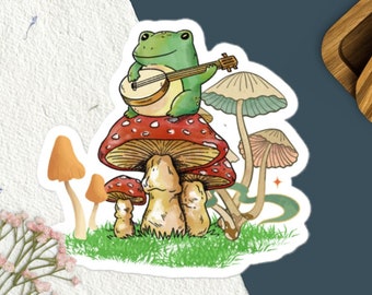 Cottagecore Frog Banjo Sticker, Mushroom Music Decal