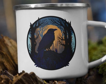 Raven Graphic Enamel Mug, Scandinavian Goth, Viking Inspired