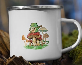Frog Playing Instrument On Mushroom Enamel Cup, Cottagecore Aesthetic, Nature Lover, Mushroom Mug, Botanical Mug