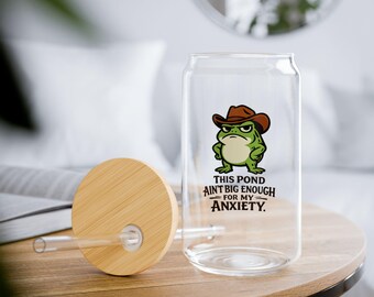 Funny Frog Iced Coffee Cup, Anxiety Meme Glass with Bamboo Lid