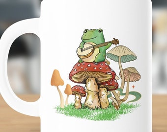 Frog Banjo on Mushroom Mug, Cottagecore Nature Lover Gift