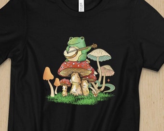Frog Playing Instrument on Mushroom Kids Shirt, Cottagecore