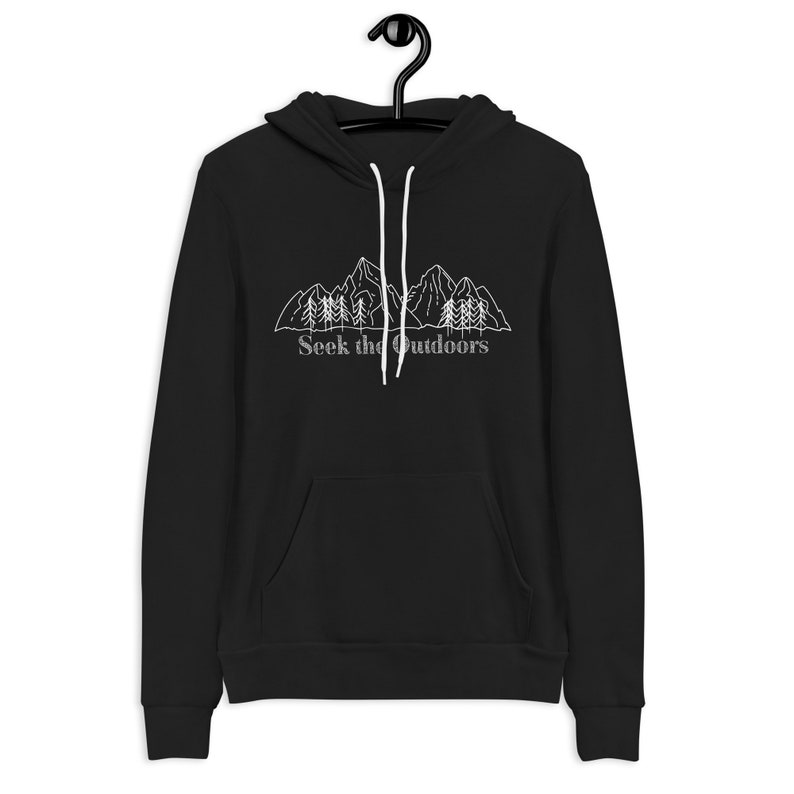 May include: Black hoodie with a white outline of mountains and trees. The text "Seek the Outdoors" is printed below the image.