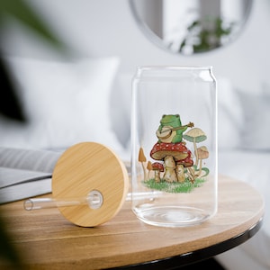 Frosch auf Pilzgitarre Serenade Glasbecher – 16oz Cottagecore Sipper – skurriles Trinkgeschirr mit optionalem Bambusdeckel und Strohhalm