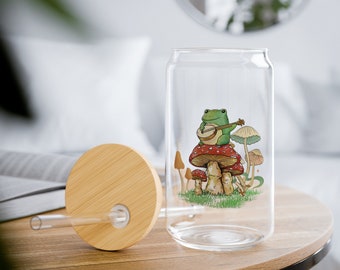 Frog on Mushroom Glass Tumbler – Cottagecore Drinkware, with Lid & Straw