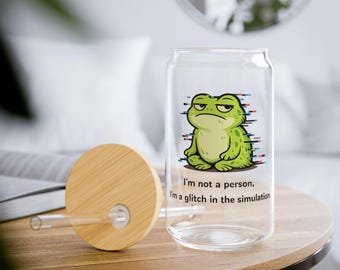 Funny Frog Sipper Glass: Glitch in the Simulation, Iced Coffee Cup