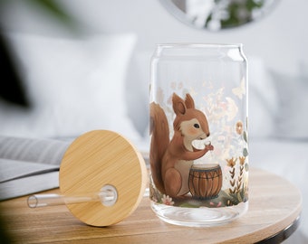 16oz Sipper Glass with Whimsical Squirrel Drumming Serenade Design