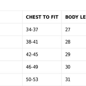 May include: Size guide for a garment with measurements in inches for chest to fit, body length, and width. Sizes include S, M, L, XL, and 2XL.