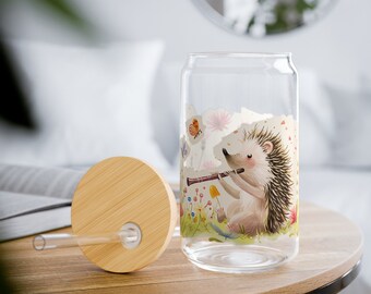 16oz Sipper Glass with Whimsical Hedgehog Flute Serenade Design