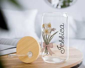 Birth Flower Glass Cup – Personalized 16oz Tumbler with Bamboo Lid