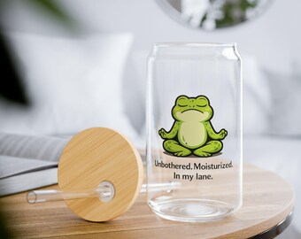 Zen Frog Iced Coffee Cup, Funny Meditating Frog Sipper Glass with Bamboo Lid