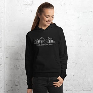 May include: Black hooded sweatshirt with a white outline of mountains and trees and the text "Seek the Outdoors".