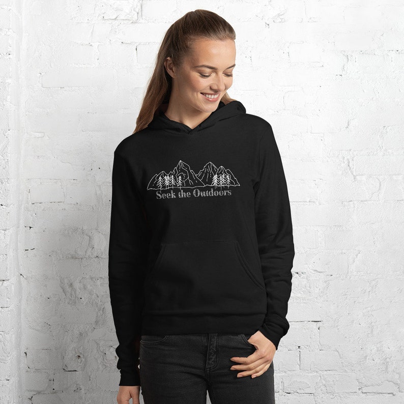 May include: Black hooded sweatshirt with a white outline of mountains and trees and the text "Seek the Outdoors".