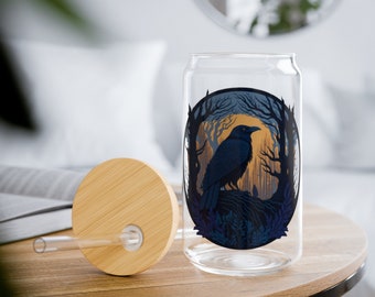 Scandinavian Raven Design Glass Tumbler - 16oz Norse Inspired Sipper - Elegant Drinkware with Optional Bamboo Lid & Straw