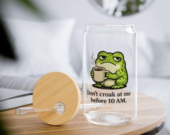 Grumpy Frog Iced Coffee Glass, Funny Sarcastic 16oz Cup with Bamboo Lid