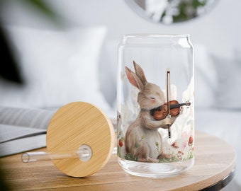 16oz Sipper Glass with Whimsical Rabbit Violin Serenade Design