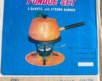 VTG ALUMINUM Fondue Set 2 Quart w/ Sterno Burner Enamelware New W/box Green