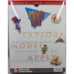May include: A white software box for Math Van by McGraw-Hill School Interactive. The cover features a blue triangle logo, a cartoon character with a cape, a yellow van, and text including Explore, Model, Apply, and Intermediate Grade Edition.