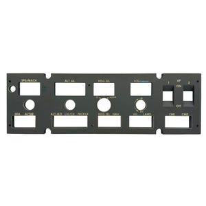 May include: A dark gray rectangular aircraft control panel faceplate featuring multiple rectangular cutouts and circular holes. The panel is labeled with white text including SPD/MACH, ALT SEL, HDG SEL, V/S, AP ON, OFF, DFA, A/THR, ALT HLD, LVL/CH, PROFILE, NAV, V/L, LAND, CWS, and CMD.