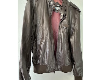 Vintage Members Only Brown Leather Bomber Jacket Racer Style Size 42