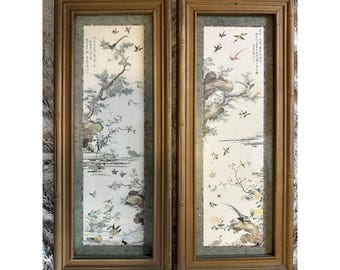 Pair Vintage Asian Bird & Flower Art Prints in Bamboo Style Frames, Turner