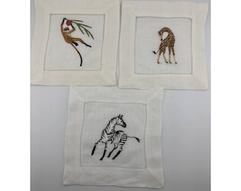 Rare Vintage ANICHINI Safari 100%  Linen Embroidered Napkins Set of 3 NOS 1998