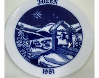 Hackerfors Sweden Christmas Plate 1981 Blue White Winter Scene Wall Decor