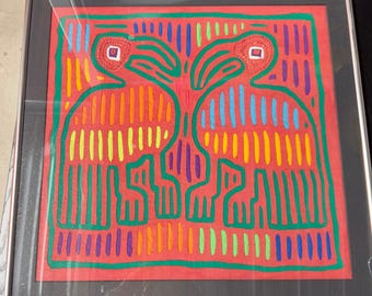 Kuna Mola Textile Art Framed Vintage Panama Folk Art Birds Reverse Appliqué Fair