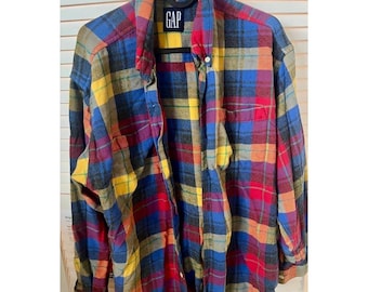 Vintage 90s Gap Mens Medium Distressed Flannel Collared Button Down Shirt Plaid