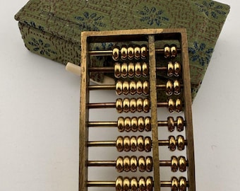 Vintage Mini Soroban Abacus Pocket Calculator w Fabric Case Gold Beads