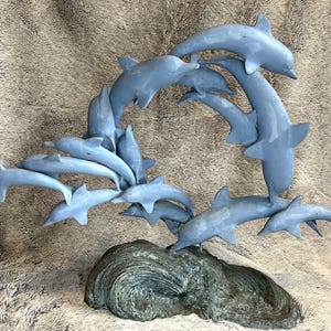 Large Bronze Dolphin Sculpture on Wave Base  Heavy 15.4 lb Art Decor