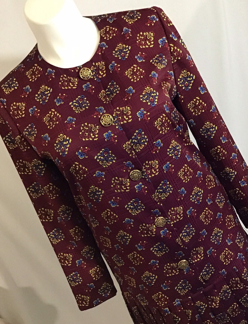 Vintage Leslie Fay Petite Dress Chic Drop Waist w Pleated Skirt Wine Red Embossed w Spade Motif Size 14P