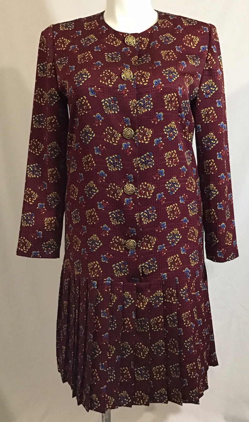 Vintage Leslie Fay Petite Dress Chic Drop Waist w Pleated Skirt Wine Red Embossed w Spade Motif Size 14P