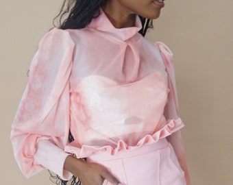 Sheer Top with Puff Sleeve | Pink Sheer Top | Long Sleeve Sheer Shirt