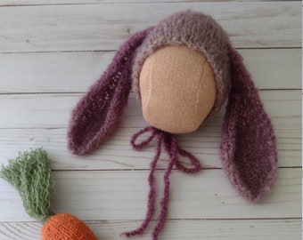 Bunny Bonnet and Carrot - Knitting Bunny Bonnet - Newborn Bunny Bonnet (B)