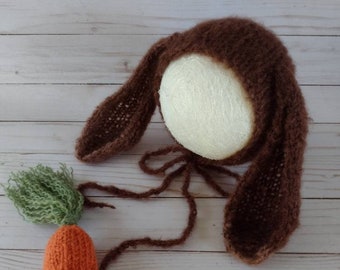 Bunny Bonnet and Carrot- Knitting Bunny Bonnet - Newborn Bunny Bonnet (A)