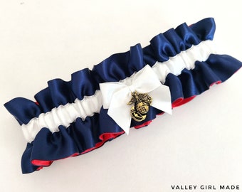 USMC Dress Blues Satin Garter: Marine Wedding Keepsake with EGA Charm