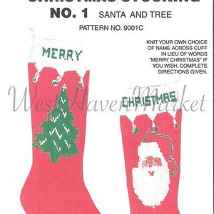 May include: A Christmas stocking knitting pattern featuring two red stockings with white cuffs. One stocking has a green Christmas tree, the other a Santa Claus design. The pattern is for a large size, approximately 21 inches top-to-toe.