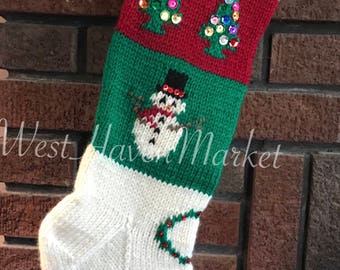 Kit for Vintage Personalized Hand Knit Christmas Tree and Snowman Stocking with 100% WOOL - FREE SHIPPING!!