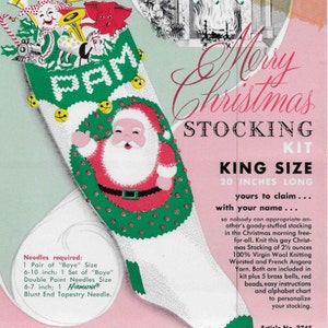 May include: A Christmas stocking kit with a red and green stocking design featuring a Santa Claus figure. The kit includes 2 1/2 ounces of 100% Virgin Wool Knitting Worsted and French Angora Yarn, 5 brass bells, red beads, instructions, and an alphabet chart to personalize the stocking. The stocking is 20 inches long. Article No. 2745.
