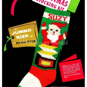 May include: A vintage Christmas stocking kit with a green, red, and white knitted design. The stocking features a Santa Claus motif and the name "SUZY". The kit includes yarn, sequins, beads, and instructions. The tag reads "JUMBO SIZE".