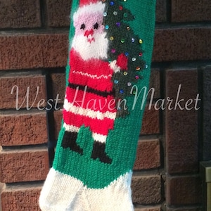 Vintage Knit Christmas Stocking Pattern Santa Claus Geese Striped