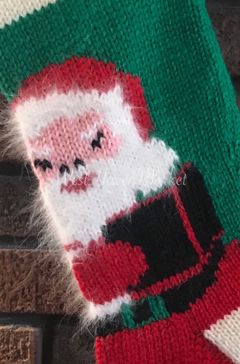 Hand Knit /& Personalized Vintage St 100/% Pure Wool Nick with Reindeer Christmas Stocking