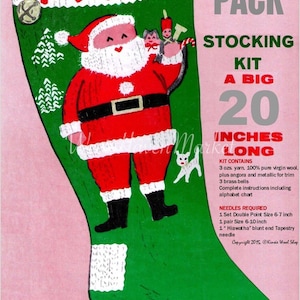 May include: A knitting pattern for a Santa stocking, featuring a red and white Santa Claus figure with a white beard and a green stocking with the name "Paul" on it. The pattern is for a stocking that is 20 inches long. The kit includes yarn, bells, and needles.
